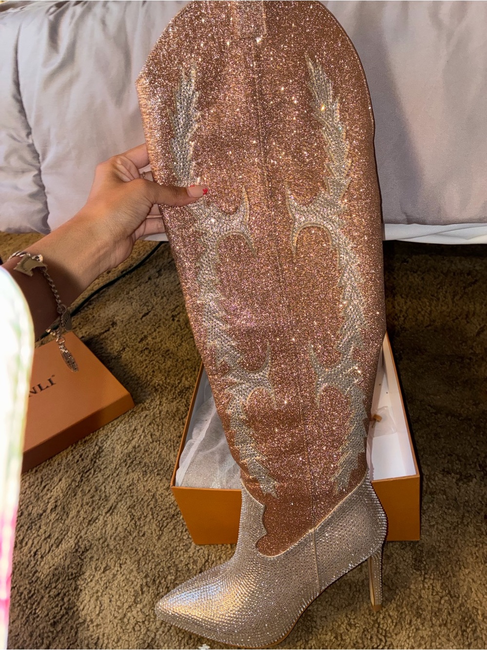 SHEIN Rose Gold Glitter Western Knee-High Stiletto Boots - Picture 1 of 2